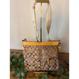 Coach Signature Canvas Crossbody Bag Tan Brown Leather Trim